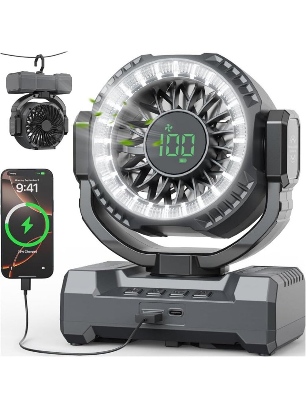Portable Camping Fan with LED Lantern, Rechargeable & Battery Operated, 120°